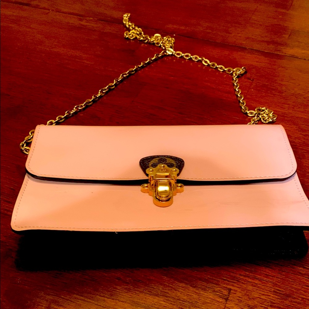 Elegant authenticPink and LV brown Clutch with Golden long chain, compartments